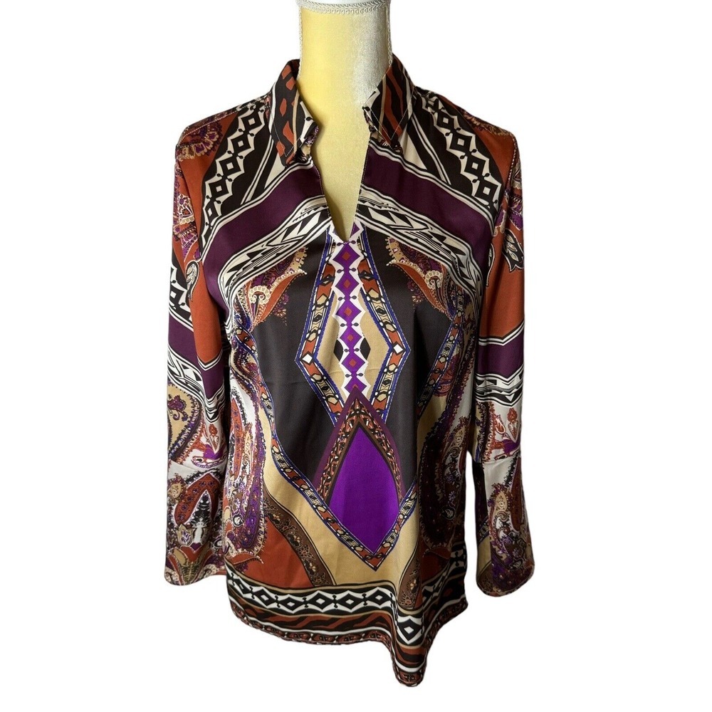 Chicos top Womens Top XS Satin Blouse Long Bell Sleeve Tunic Aztec‎ Print Small
